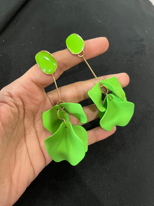 Light Green flower earrings , Lime green petal earrings , bright green acrylic earrings , long rose petal earrings big