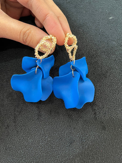 blue flower earrings , blue petal earrings , Royal blue flower earrings , long blue earrings , bright blue large blue earrings