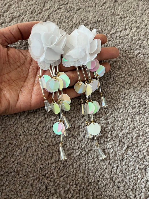 Long confetti earrings , large white flower earrings , large white chandelier earrings , big sequin iridescent rainbow earrings