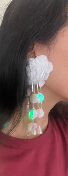 Long confetti earrings , large white flower earrings , large white chandelier earrings , big sequin iridescent rainbow earrings