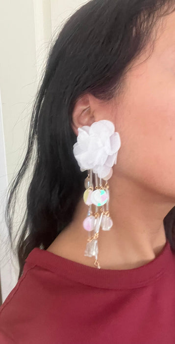 Long confetti earrings , large white flower earrings , large white chandelier earrings , big sequin iridescent rainbow earrings