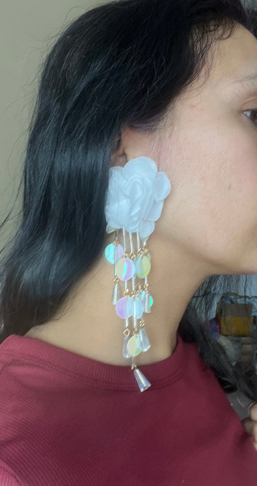 Long confetti earrings , large white flower earrings , large white chandelier earrings , big sequin iridescent rainbow earrings