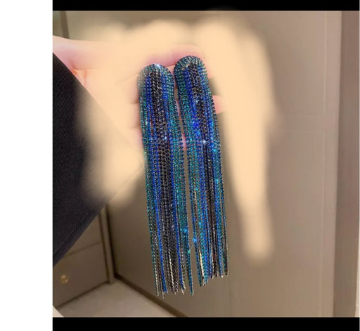 blue earrings ,large blue teal earrings very long fringe blue earrings , teal and blue big huge crystal earrings , chandelier 6 inch