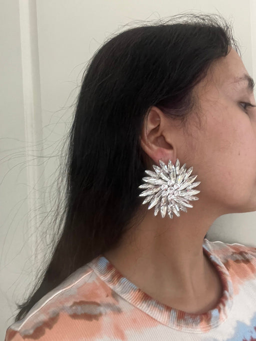 Large White earrings stud Sunburst crystal Rhinestone Round Crystal Pageant oversized Clear silver white stud Earrings big huge