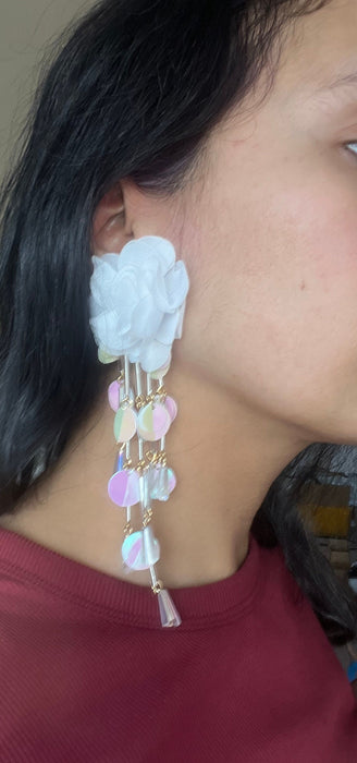 Long confetti earrings , large white flower earrings , large white chandelier earrings , big sequin iridescent rainbow earrings