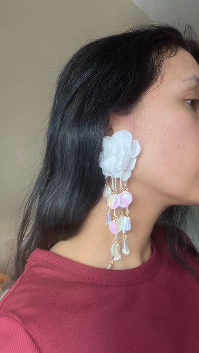 Long confetti earrings , large white flower earrings , large white chandelier earrings , big sequin iridescent rainbow earrings