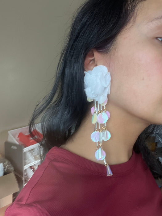 Long confetti earrings , large white flower earrings , large white chandelier earrings , big sequin iridescent rainbow earrings