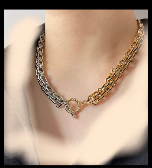 Chunky gold necklace, gold choker, silver and gold necklace fat Link big chain curb gold necklace , gold silver statement necklace,