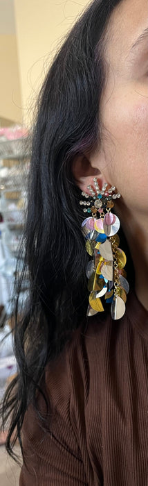 Long confetti earrings , large gold blue pink earrings , large chandelier earrings , big sequin earrings multicolor rainbow rhinestone