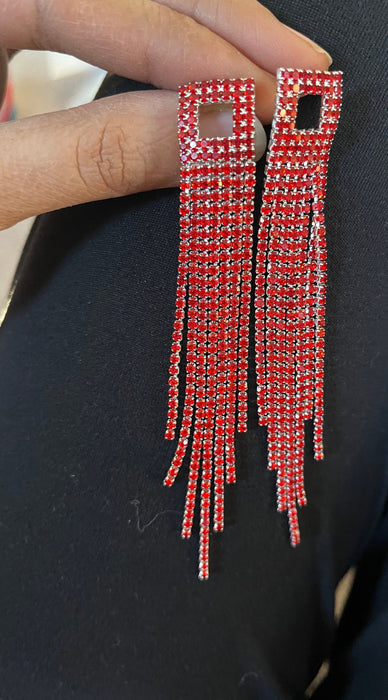 Red fringe earrings , red rhinestone earrings , long red crystal earrings , red party earrings , red dressy earring