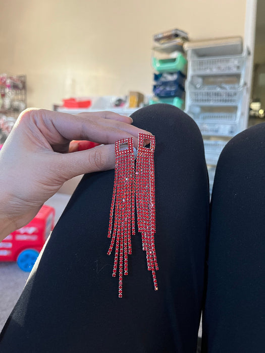 Red fringe earrings , red rhinestone earrings , long red crystal earrings , red party earrings , red dressy earring