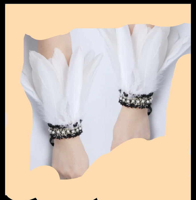 White Feather cuff bracelet pair Gothic bird masquerade Gloves Feather Cuff Carnival Stage Show Showgirl Rooster Feather Cosplay Costume