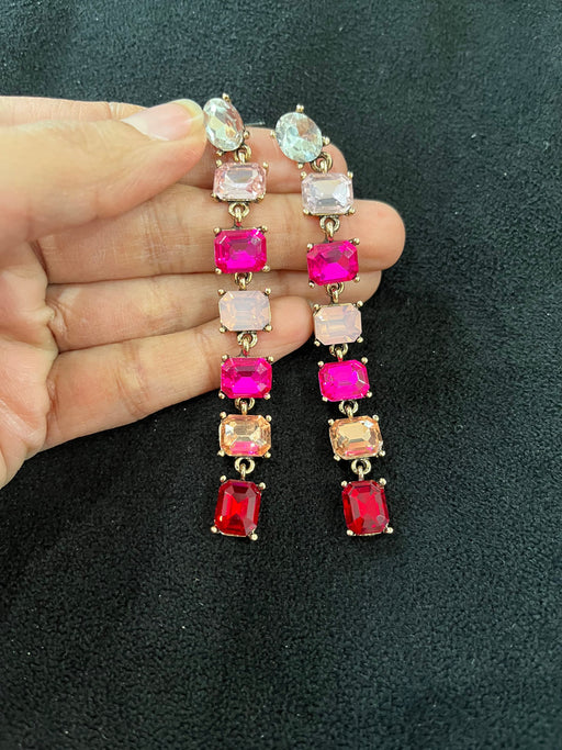 Long pink earrings , big Pink and red rhinestone earrings , long light pink crystal wedding earrings , red fuchsia pink party earrings