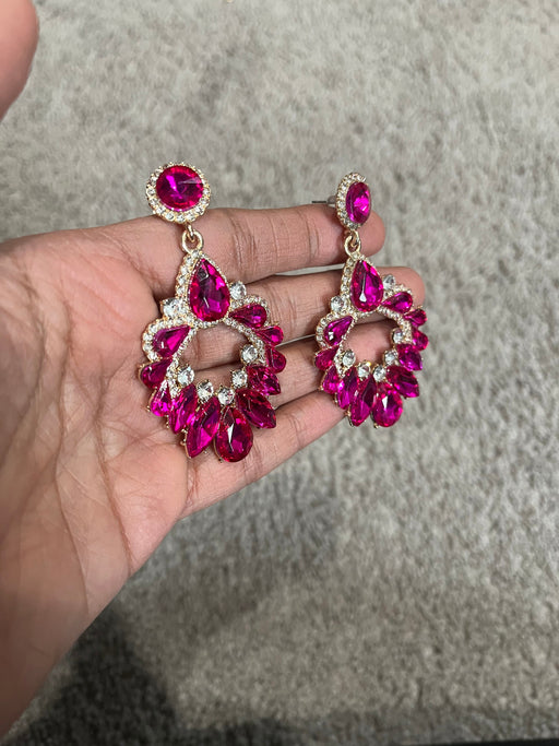 Pink rhinestone earring , long magenta fuchsia earrings , big dark pink crystal earring , large bright pink earring