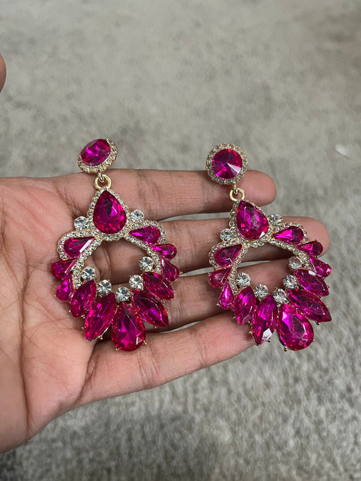 Pink rhinestone earring , long magenta fuchsia earrings , big dark pink crystal earring , large bright pink earring