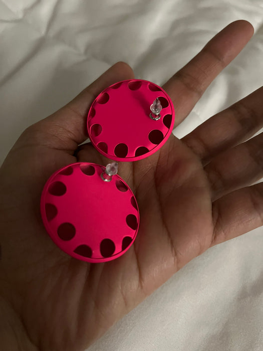 hot pink earrings big studs , large round studs pink earrings , big bright pink statement round neon pink retro earrings chunky giant