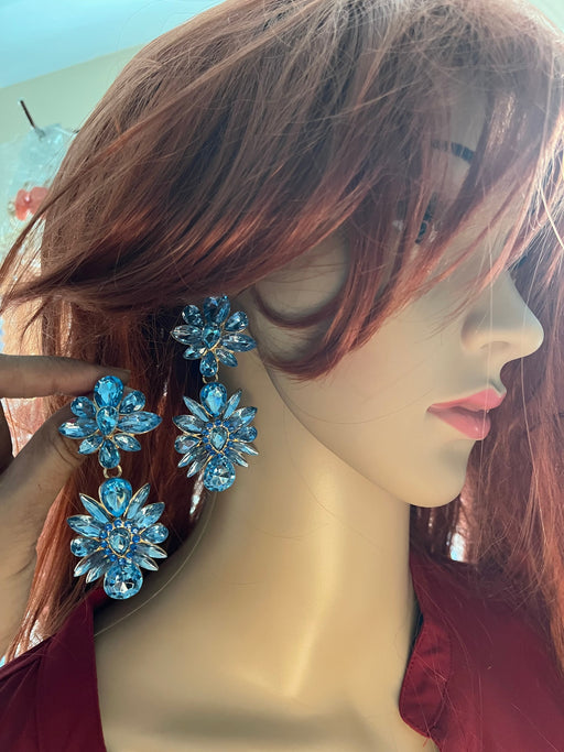 blue rhinestone earrings , big baby blue earrings , light blue statement earrings , long blue earrings ,big blue , large crystal earrings