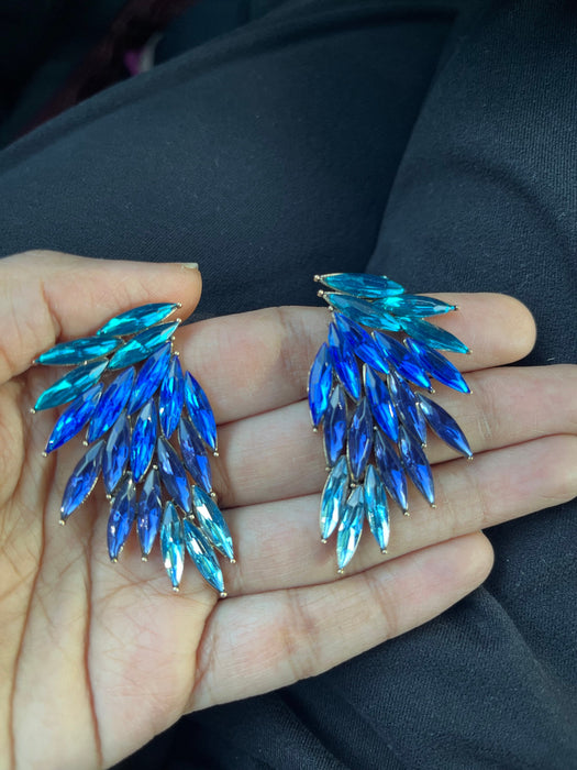 Large Blue earrings stud wings crystal Rhinestone Round Crystal royal blue aqua light blue teal Pageant oversized Earrings