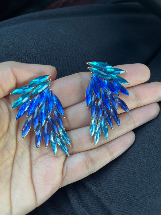 Large Blue earrings stud wings crystal Rhinestone Round Crystal royal blue aqua light blue teal Pageant oversized Earrings