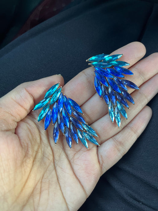 Large Blue earrings stud wings crystal Rhinestone Round Crystal royal blue aqua light blue teal Pageant oversized Earrings