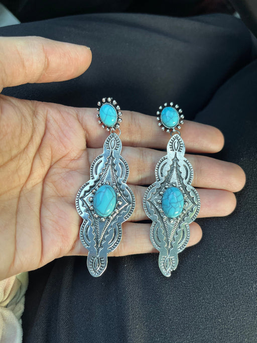 Blue earrings, long blue earrings, blue silver large earrings, western cowgirl turquoise chandelier earrings