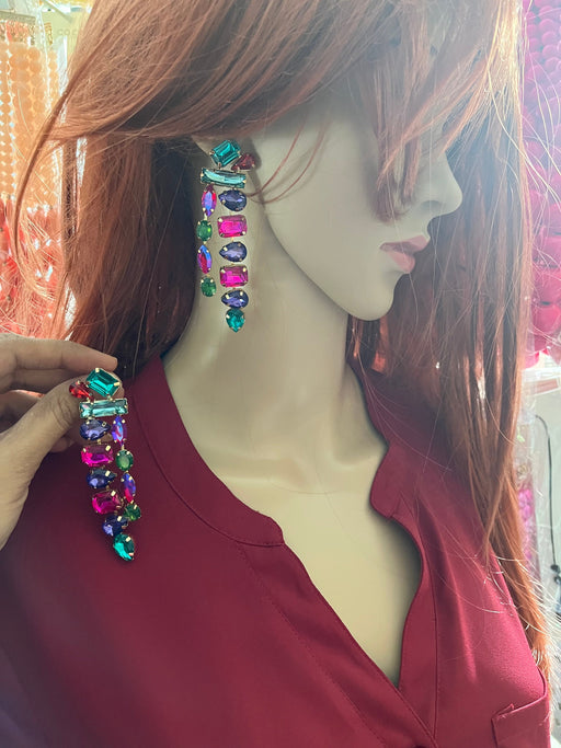 Fuchsia purple earring , big long pink purple blue green red magenta fuchsia , purple and pink earring , multicolored rhinestone earring