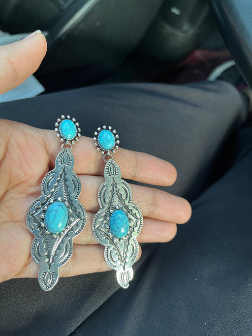 Blue earrings, long blue earrings, blue silver large earrings, western cowgirl turquoise chandelier earrings