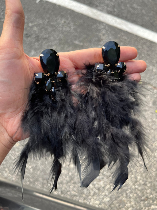 Large black earrings , black Fur earrings , oversized black crystal earrings , black wedding earrings showgirl pageant