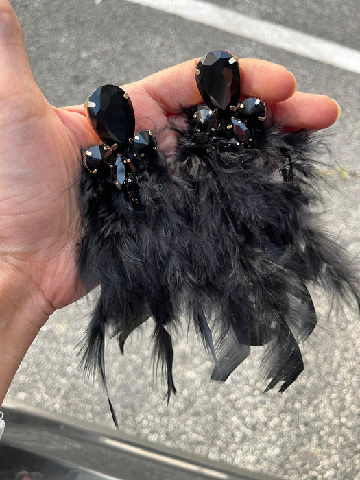 Large black earrings , black Fur earrings , oversized black crystal earrings , black wedding earrings showgirl pageant