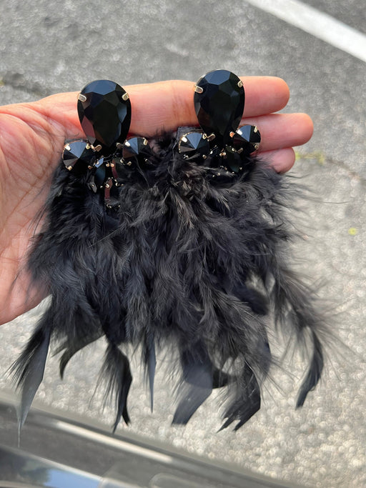 Large black earrings , black Fur earrings , oversized black crystal earrings , black wedding earrings showgirl pageant