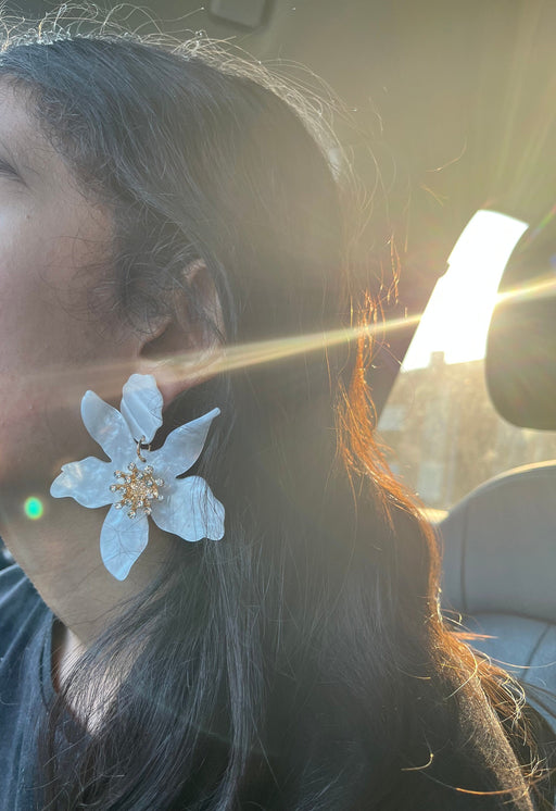 White flower earrings , huge white feathered earrings , large Snow White earrings , white earrings , big long white earrings acrylic floral