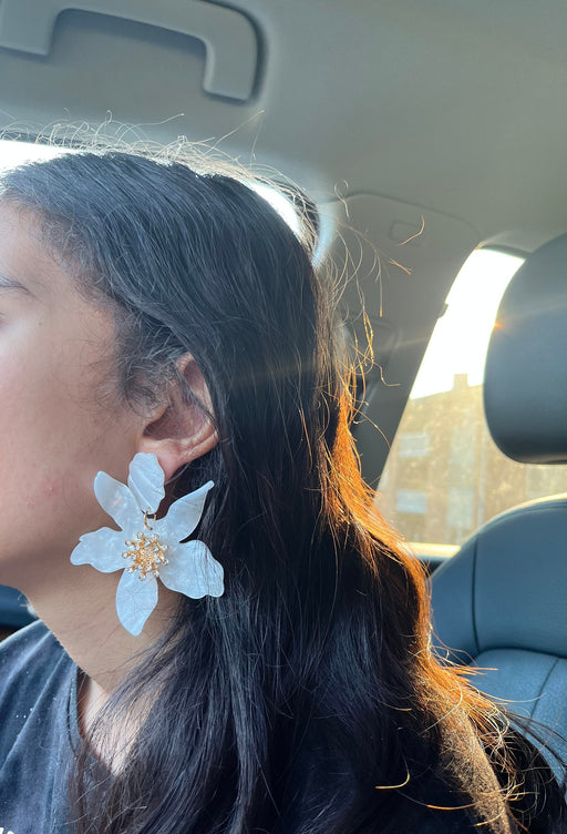 White flower earrings , huge white feathered earrings , large Snow White earrings , white earrings , big long white earrings acrylic floral