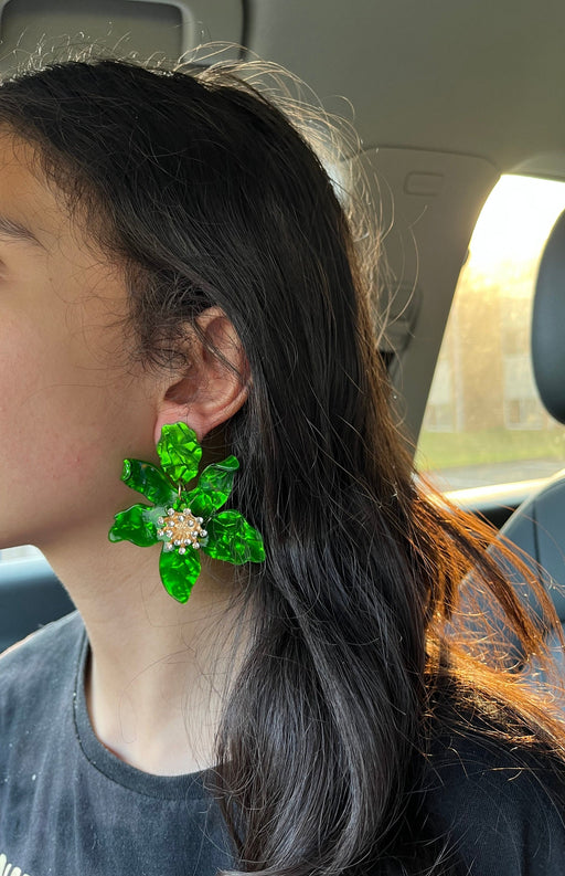 Green flower earrings , grass large green petal earrings , big green acrylic earrings ,bright green earrings