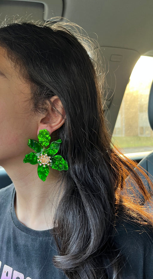 Green flower earrings , grass large green petal earrings , big green acrylic earrings ,bright green earrings