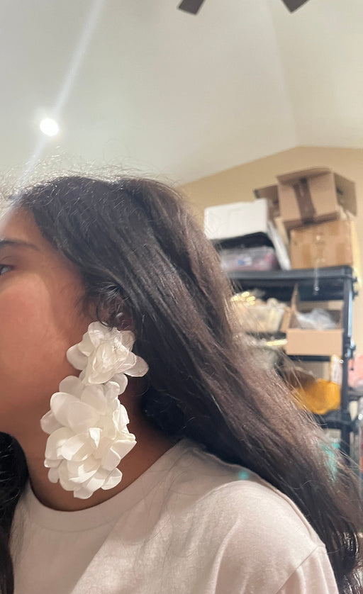 White flower earrings , huge white feathered earrings , large Snow White earrings , white earrings , big long white earrings fabric floral