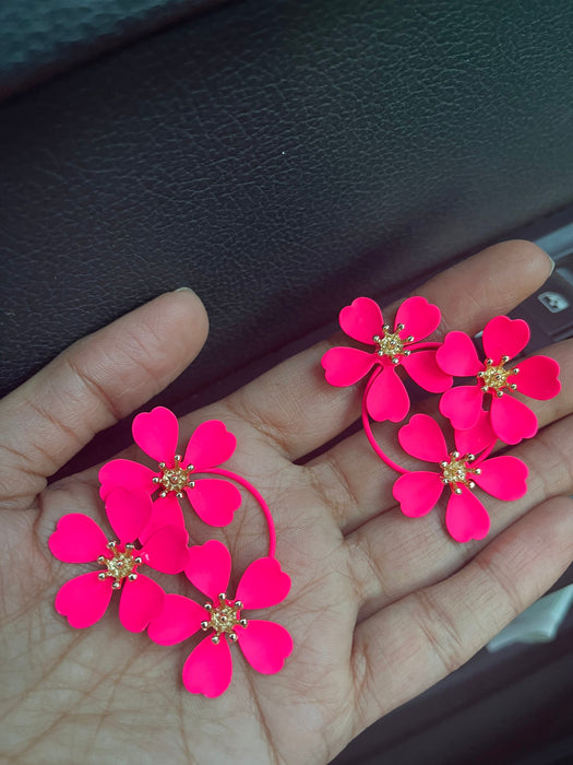 Hot pink earrings , pink neon earrings , neon pink earrings , hot pink flower earrings , chunky pink earrings ,pink flower statement