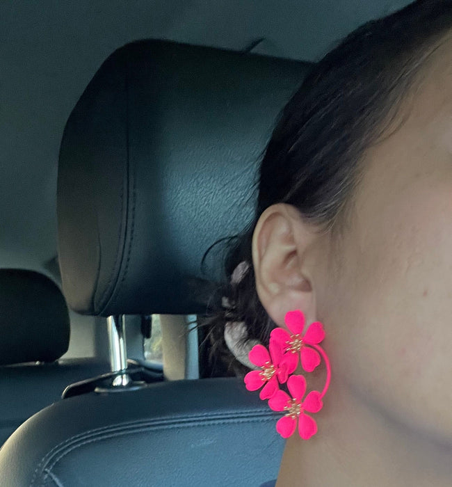 Hot pink earrings , pink neon earrings , neon pink earrings , hot pink flower earrings , chunky pink earrings ,pink flower statement