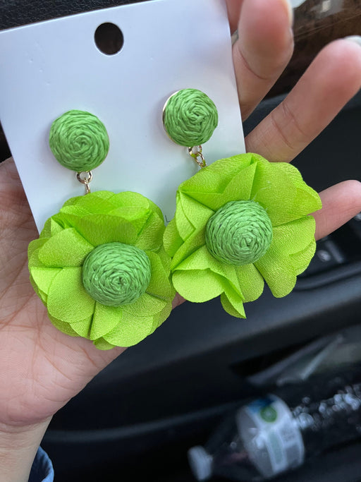 Light Green flower earrings , Lime green petal earrings , bright green earrings , long rose petal earrings big