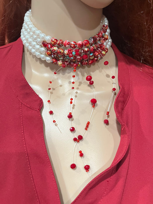 Big red choker , white red bead necklace , chunky big white pearl necklace , blood vampire white bead