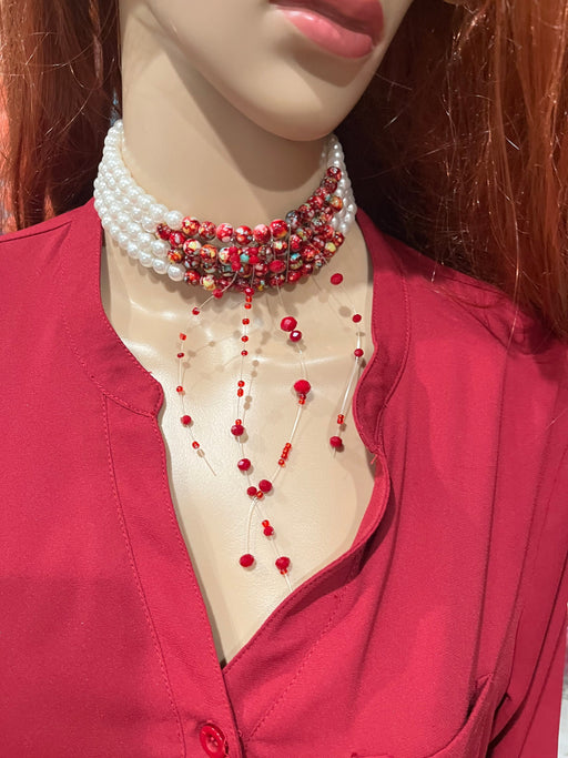 Big red choker , white red bead necklace , chunky big white pearl necklace , blood vampire white bead