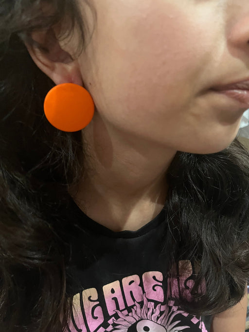 Orange stud earrings ,plastic orange round earrings , orange circle earrings studs pierced