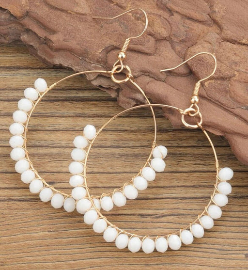 White beaded hoop earrings , big white hoops chunky earrings , Snow White gold earrings , lightweight , long white earrings