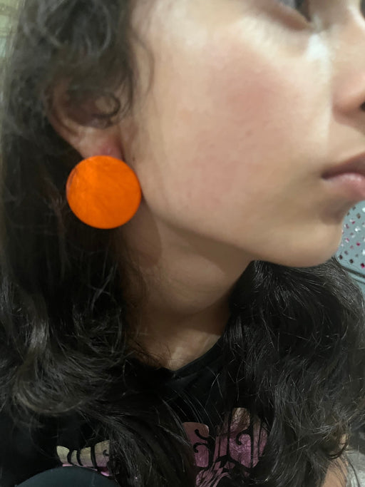 Orange stud earrings ,plastic orange round earrings , orange circle earrings studs pierced