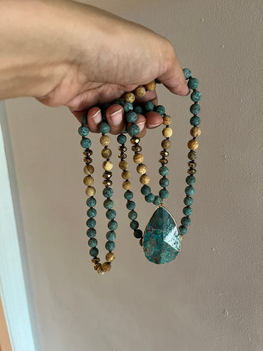 Large beaded necklace , green blue very Long beaded stone necklace , bold necklace , chunky , blue brown necklace , gemstone