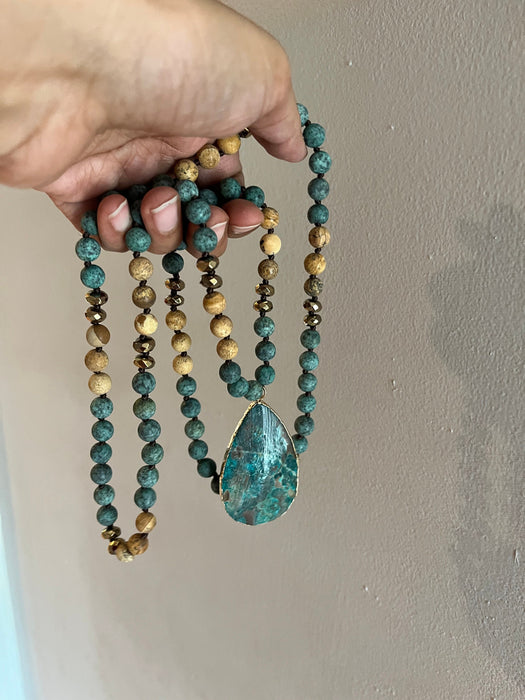 Large beaded necklace , green blue very Long beaded stone necklace , bold necklace , chunky , blue brown necklace , gemstone