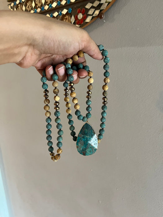 Large beaded necklace , green blue very Long beaded stone necklace , bold necklace , chunky , blue brown necklace , gemstone