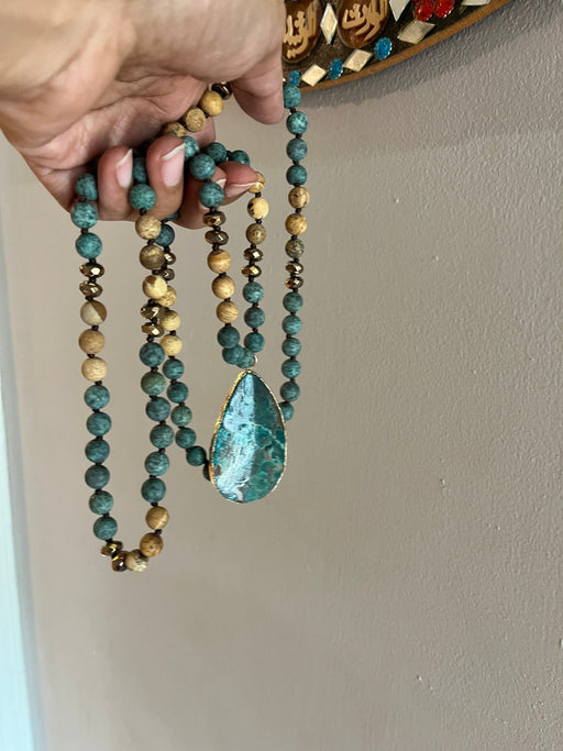 Large beaded necklace , green blue very Long beaded stone necklace , bold necklace , chunky , blue brown necklace , gemstone