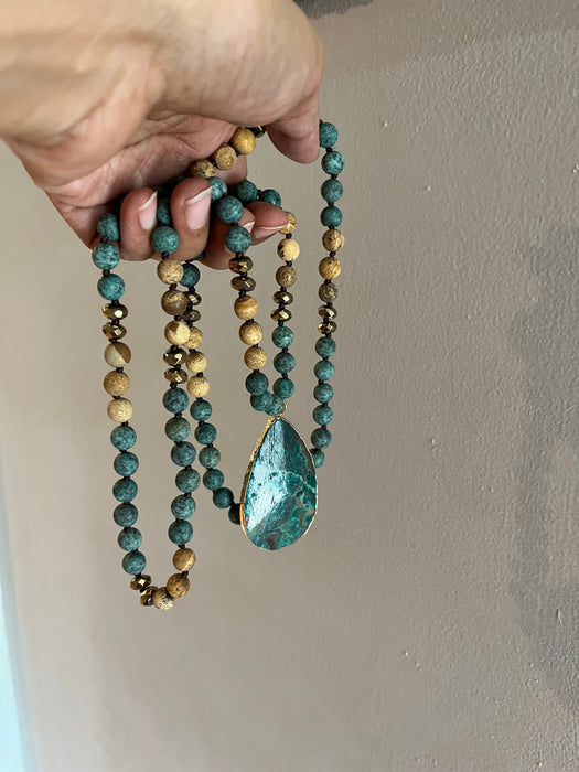 Large beaded necklace , green blue very Long beaded stone necklace , bold necklace , chunky , blue brown necklace , gemstone