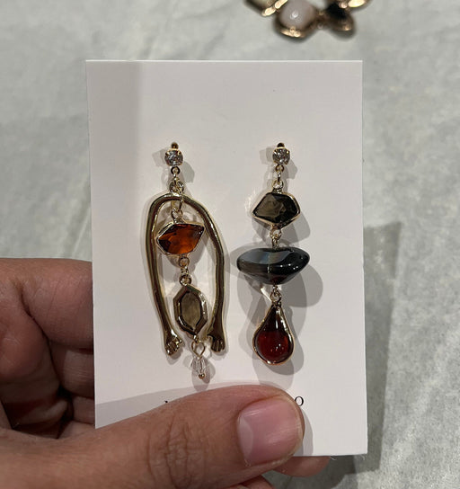 Chunky gold earrings , large gold chandelier earrings irregular mismatched , vintage style ,orange gray gold earrings long , statement