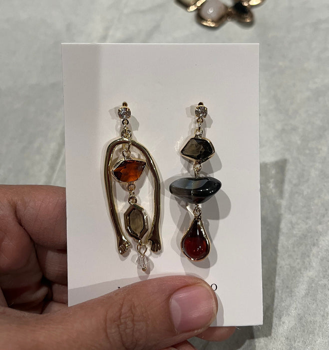 Chunky gold earrings , large gold chandelier earrings irregular mismatched , vintage style ,orange gray gold earrings long , statement